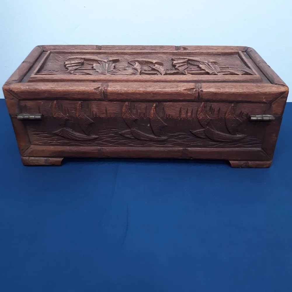 19th C Carved Rosewood Chinese Locking Antique Wooden Treasure Box Ships